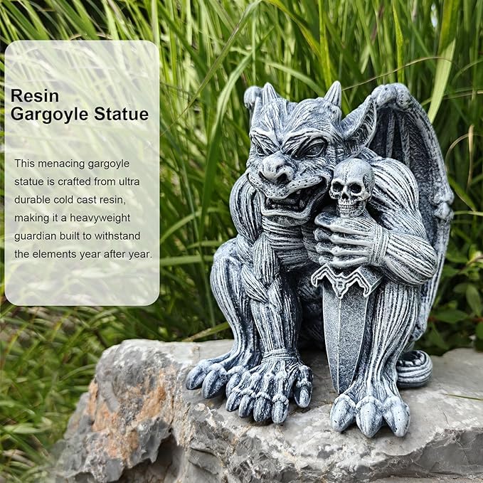 Resin Gargoyle Statue with Intricate Wings and Demonic Skull,Indoor Outdoor Patio Garden Backyard Halloween Home Decor