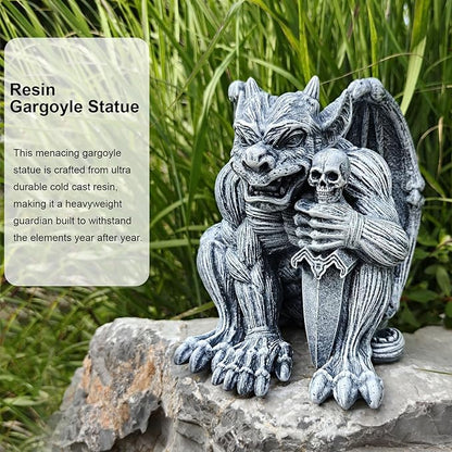 Resin Gargoyle Statue with Intricate Wings and Demonic Skull,Indoor Outdoor Patio Garden Backyard Halloween Home Decor