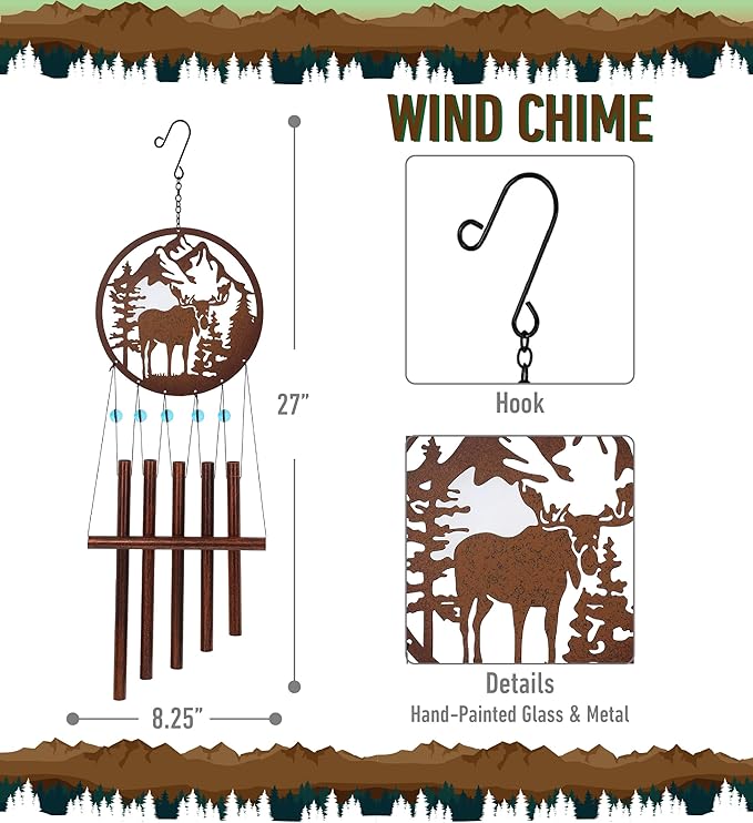 CoTa Global Moose Wind Chime - Handmade Glass and Metal Chime - Moose Wild Life Hanging Decor - Colorful Home Decor Gift, Indoor and Outdoor Hanging Decoration For Porch, Patio, and Garden - 27 Inches