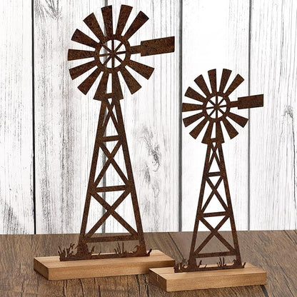 Tandefio 2 Pcs Farmhouse Windmill Table Top Decor 11.8 Inch Metal Rusted Vintage Desk and Shelf, Decorative Farmhouse Kitchen Rustic Windmill Rustic Home Decorations