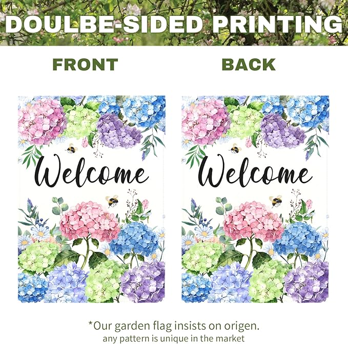 Welcome Hydrangea Garden Flag Spring Summer Colorful Floral Yard Flags Watercolor Flowers Bee Design Seasonal Porch Durable Polyester House Banners for Lawn Patio Outdoor Decor 12 x 18 Inch