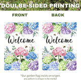 Welcome Hydrangea Garden Flag Spring Summer Colorful Floral Yard Flags Watercolor Flowers Bee Design Seasonal Porch Durable Polyester House Banners for Lawn Patio Outdoor Decor 12 x 18 Inch