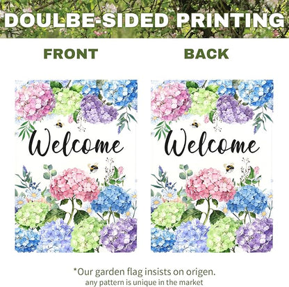 Welcome Hydrangea Garden Flag Spring Summer Colorful Floral Yard Flags Watercolor Flowers Bee Design Seasonal Porch Durable Polyester House Banners for Lawn Patio Outdoor Decor 12 x 18 Inch