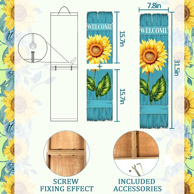 PEROUU Sunflower Welcome Wooden Sign,Spring Rustic Porch Sign for Front Door Decorations, Front Porch Decor Home Hanging Signs Wall Sign 31.5" H