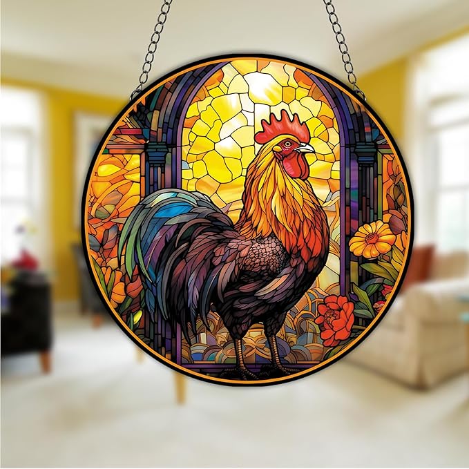 Rooster Acrylic Window Hanging, Colourful Cockerel Farm Animal Stained Acrylic Window Decor Hanging Ornaments Indoor Outdoor Garden Stained Art Panel Gift for Women Christmas Thanksgiving