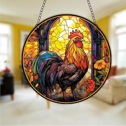 Rooster Acrylic Window Hanging, Colourful Cockerel Farm Animal Stained Acrylic Window Decor Hanging Ornaments Indoor Outdoor Garden Stained Art Panel Gift for Women Christmas Thanksgiving