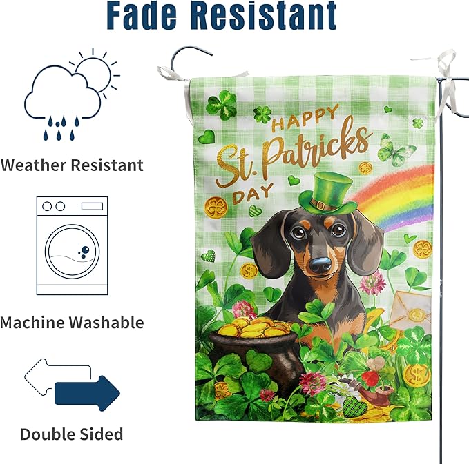 Dachshund St Patricks Day Garden Flag Dog St Patrick's Day Yard Flags for Outside 12x18 Double Sided Buffalo Plaid Shamrock Flag Small Outdoor Rainbow St Patrick's Decor