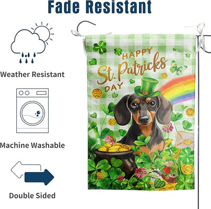 Dachshund St Patricks Day Garden Flag Dog St Patrick's Day Yard Flags for Outside 12x18 Double Sided Buffalo Plaid Shamrock Flag Small Outdoor Rainbow St Patrick's Decor