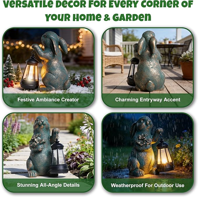 Solar Garden Statues, Resin Bunny Statue w/Flower, Waterproof Figurine Rabbit Solar Latern for Outside Yard Outdoor Home Patio Lawn, Animal Lights for Adults Women Birthday Easter Gifts