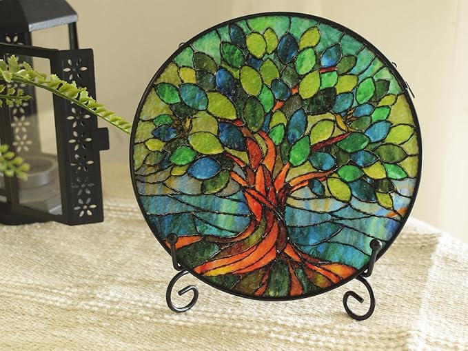 Stained Glass Window Hangings, Tree of Life with Hummingbird Suncatchers for Window, Treasured Gift for Mom, Grandma, Family and Friends (Green, 6.7x6.7 in)