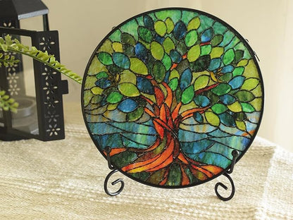 Stained Glass Window Hangings, Tree of Life with Hummingbird Suncatchers for Window, Treasured Gift for Mom, Grandma, Family and Friends (Green, 6.7x6.7 in)