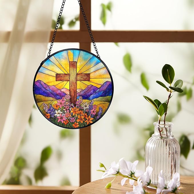 Cross Flower Suncatchers Stained Glass Window Hanging, Easter Christian Wildflower Landscape Sun Catchers Indoor Window Glass Round Wall Decor, 7.9x7.9in