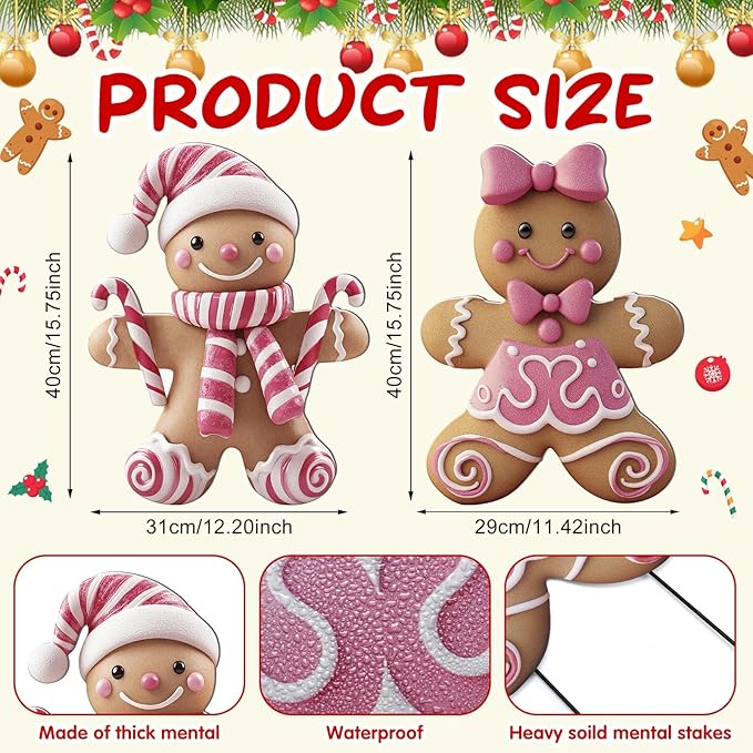 2 Pack Christmas Yard Stakes Metal Stakes 3D Boy and Girl Yard Sign Christmas Outdoor Decorations for Outside Holiday Xmas Winter Ornament Lawn Pathway(Pink Gingerbread Man Couple)