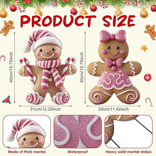 2 Pack Christmas Yard Stakes Metal Stakes 3D Boy and Girl Yard Sign Christmas Outdoor Decorations for Outside Holiday Xmas Winter Ornament Lawn Pathway(Pink Gingerbread Man Couple)