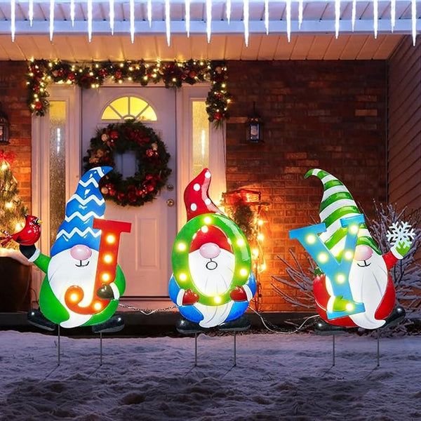 WONDER GARDEN Christmas Yard Stakes, 3 PCS Metal Yard Signs, Xmas Gnomes with Joy and Led Light Christmas Yard Decorations for Lawn Party Decorations