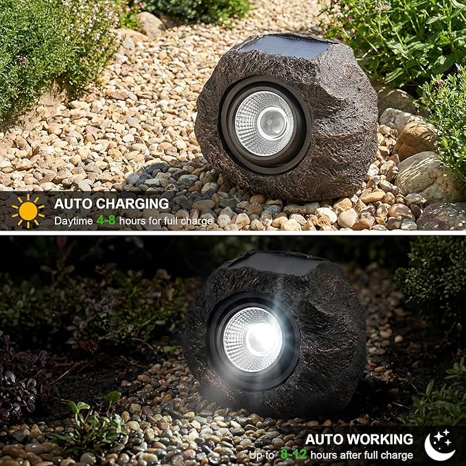 Candieslife Solar Rock Lights Outdoor Garden Waterproof - Super Bright LED Solar Spotlights, Solar Powered Landscape Path Decorative Garden Stone Lights for Pathway, Walkway, Yard, Patio (2 Pack)