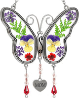 KY&BOSAM Suncatcher Butterfly Stained Glass Mom Suncatchers Hangings for Windows Wind Chime Ornament with Pressed Dried Flower Wings Embedded in Glass and Heart Charm Mothers Day Birthdays Christmas
