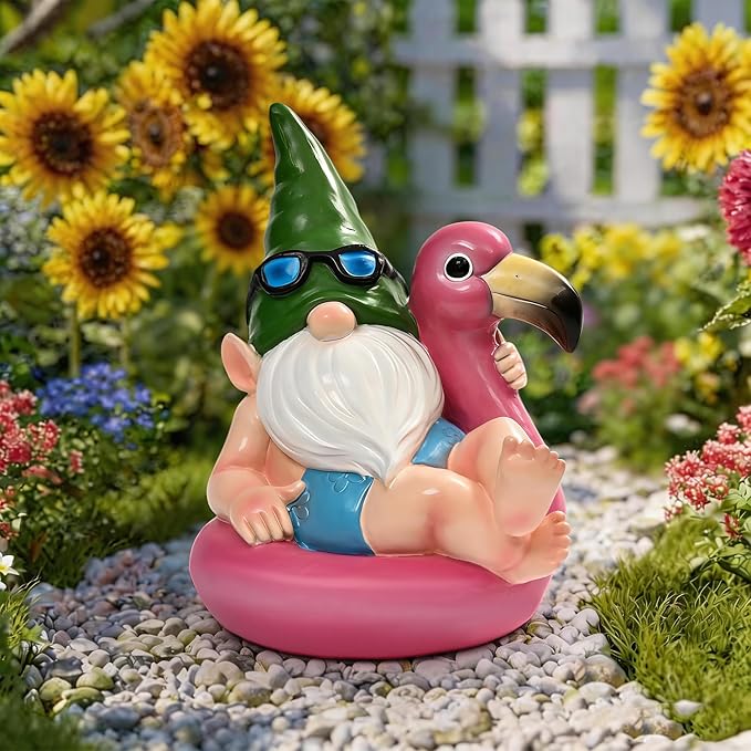 TISEJOY Garden Gnomes Outdoor Statues, Funny Flamingo Decor Gnomes Decor for Yard Patio Garden, Summer Gnomes Sculptures for Home Desk Table Pool Backyard, Garden Gifts for Mom, Friends