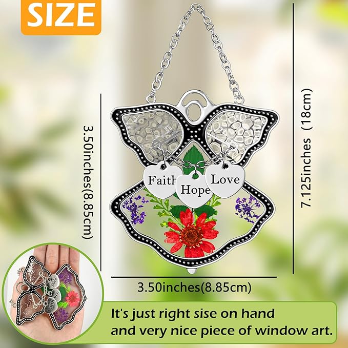 KY&BOSAM Angel Suncatcher Faith Hope Love Stained Glass Suncatchers for Windows Hangings Wind Chimes with Pressed Real Flowers and Heart Charm Engraved Birthday Gifts for Mom Mothers Day Christmas