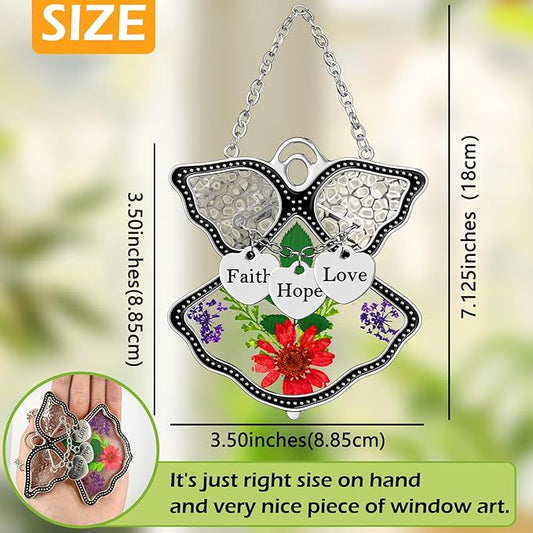 KY&BOSAM Angel Suncatcher Faith Hope Love Stained Glass Suncatchers for Windows Hangings Wind Chimes with Pressed Real Flowers and Heart Charm Engraved Birthday Gifts for Mom Mothers Day Christmas