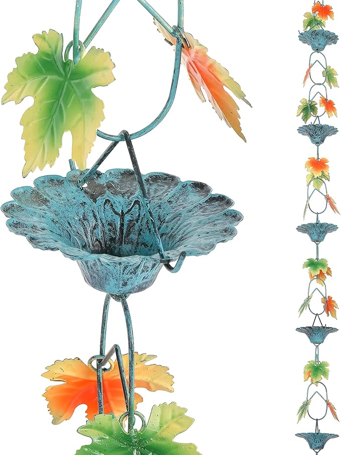 Fall Color Maple Leaf and Cup Rain Chains for Gutters, Rain Chains for Outside 8.5 Ft Decorative Rain Chain, Metal Rain Catcher Chain Outdoor Fall Decorations Harvest
