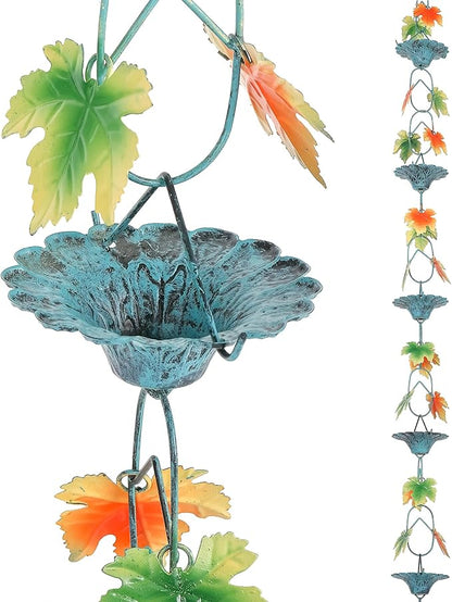 Fall Color Maple Leaf and Cup Rain Chains for Gutters, Rain Chains for Outside 8.5 Ft Decorative Rain Chain, Metal Rain Catcher Chain Outdoor Fall Decorations Harvest