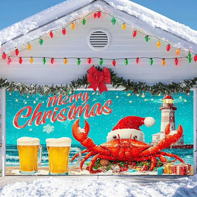 IVN Christmas Garage Door Banner 13x6 ft Merry Christmas Garage Door Cover Santa Crab Lighthouse Winter Coastal Home Door Front Yard Decor for Xmas Eve Holiday Outdoor