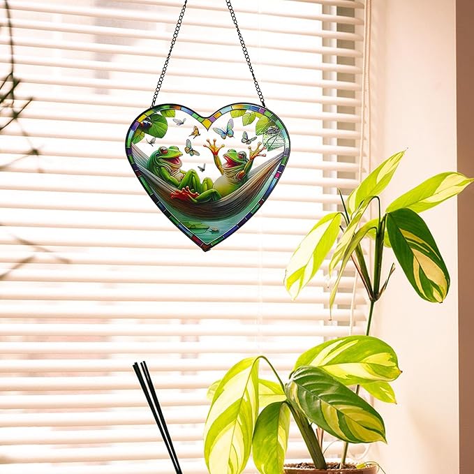 Stained Glass Window Hanging, Frogs on a Swing Sun Catcher for Indoor Outdoor Decor, Funny Frogs Theme Heart Shape Ornament Birthday Gift for Women, Men