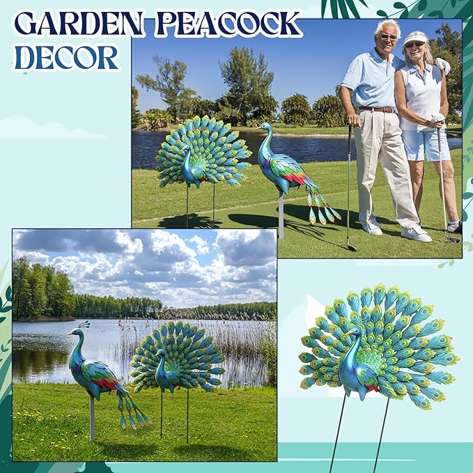 Frienda 2 Pack Peacock Statues for Garden Decor Yard Metal Sculpture Art Large Birds Animal Peacock for Outdoor Garden Patio Yard Backyard Home Decoration Housewarming Gift for Women Mom Grandma