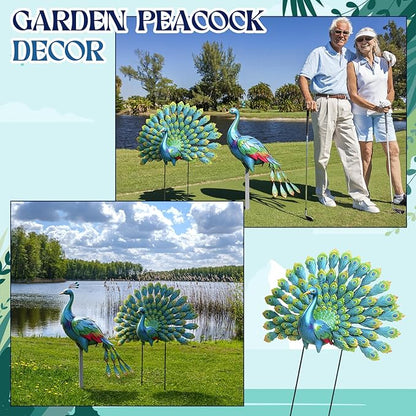 Frienda 2 Pack Peacock Statues for Garden Decor Yard Metal Sculpture Art Large Birds Animal Peacock for Outdoor Garden Patio Yard Backyard Home Decoration Housewarming Gift for Women Mom Grandma