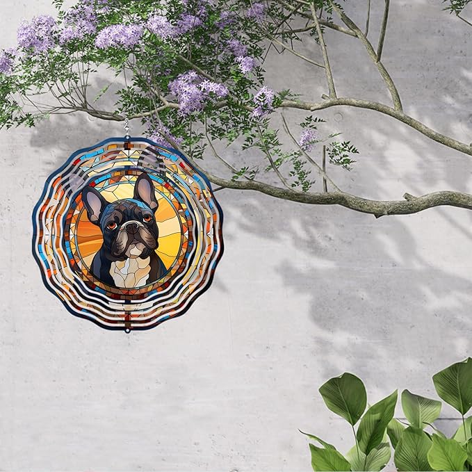 French Bulldog Wind Spinner Pet Dog Memorial Gifts, Vibrant 3D Kinetic Metal Hanging Outdoor Garden Decor, Frenchie Gifts for Dog Lovers, 8" Wind Sculptures for Patio, Porch, Yard Art (Frenchie 6)