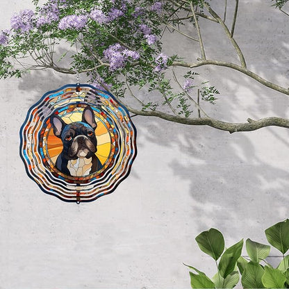 French Bulldog Wind Spinner Pet Dog Memorial Gifts, Vibrant 3D Kinetic Metal Hanging Outdoor Garden Decor, Frenchie Gifts for Dog Lovers, 8" Wind Sculptures for Patio, Porch, Yard Art (Frenchie 6)