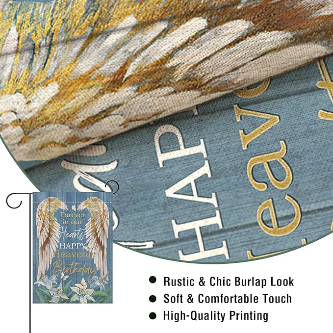 Artofy Memorial Forever in Our Hearts Wings Small Decorative Garden Flag, Happy Heavenly Birthday Lily Cemetery Yard Lawn Outside Decor, Farmhouse Burlap Outdoor Home Decoration Double Sided 12 x 18