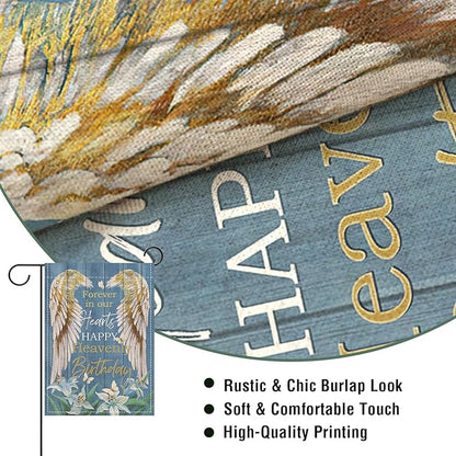 Artofy Memorial Forever in Our Hearts Wings Small Decorative Garden Flag, Happy Heavenly Birthday Lily Cemetery Yard Lawn Outside Decor, Farmhouse Burlap Outdoor Home Decoration Double Sided 12 x 18