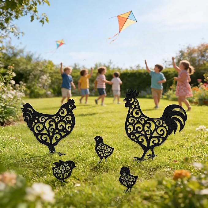 Metal Chicken Garden Stakes Set of 5, Outside Rooster Decorative Gardens Stakes, Chickens Gifts for Women, Chicks Lovers and Chicken Owners, Outdoor Ornaments for Yard Lawn Patio Gardens