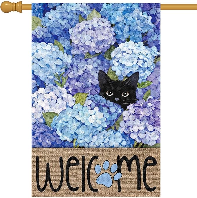 Louise Maelys Spring Summer Garden Flag Black Cat Hydrangea Flower Welcome Double Sided 28x40 Inch Floral Paw Print Seasonal Large Burlap Holiday Yard Outdoor Outside House Decor