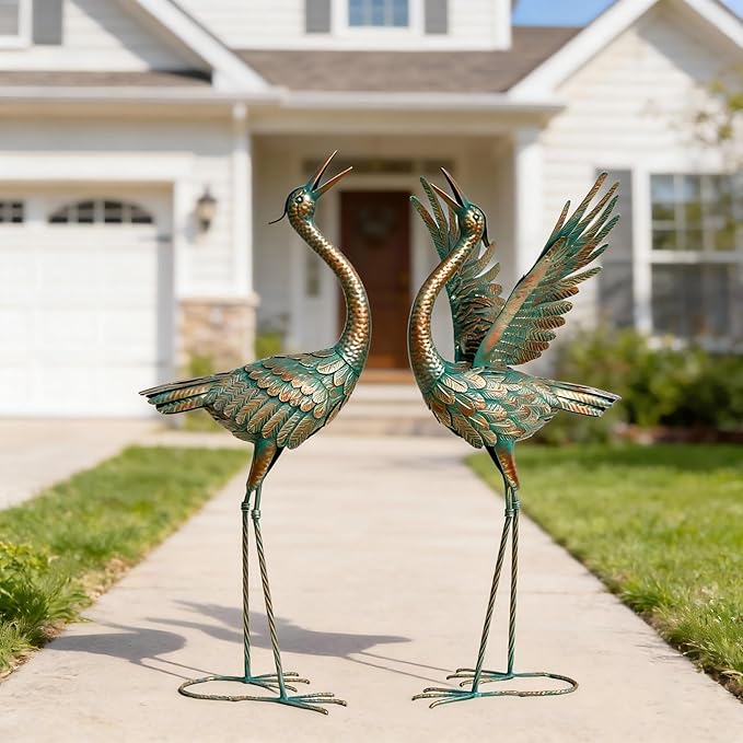 chisheen Crane Garden Statues Outdoor Metal Heron Yard Art Crane for Garden Sculptures Patio Lawn Ornaments,Set of 2