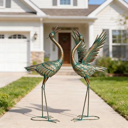 chisheen Crane Garden Statues Outdoor Metal Heron Yard Art Crane for Garden Sculptures Patio Lawn Ornaments,Set of 2