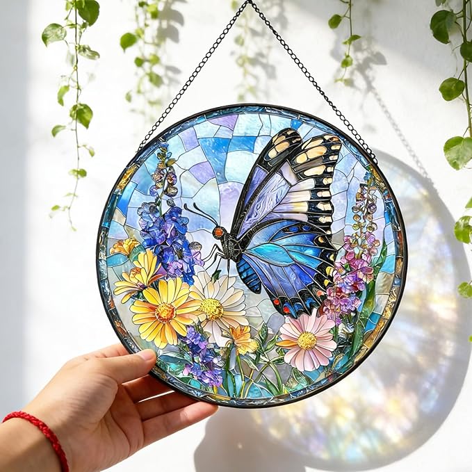 7.87" Sun Catchers Indoor Window,Butterfly Stained Glass Window Hanging, Window Suncatcher Hanging Ornaments Wall Art, Hand-Painted Glass Panel Home Decor (Style R)