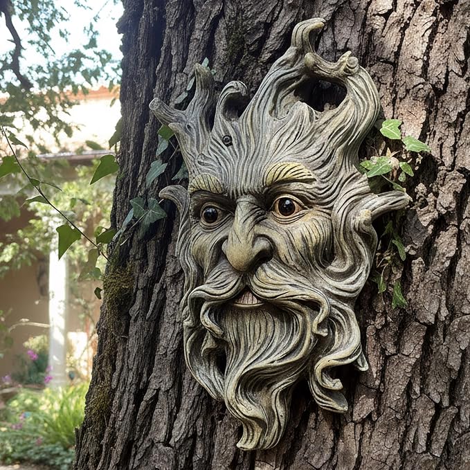 Old Man Tree Face Hugger Outdoor Decor, Handmade Tree Art Resin Statue with Root Details, Whimsical Hanging Yard Art for Garden Wall Fence