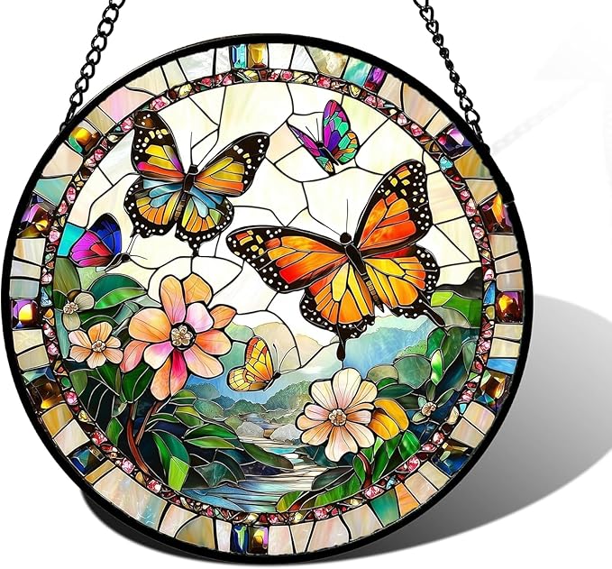 DASTOLL Stained Glass Window Hanging, Butterflies Flying in The Sky Suncatcher for Doors Home Sun Catchers Decoration and Christmas, Mother's Day Birthday Gifts for Women, Men, and Mom 14.9x14.9 in