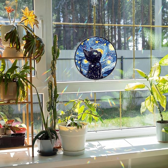 Mifoci 6.3 Inch Stained Glass Window Hanging Black Cat Suncatchers Indoor Window Gifts for Cat Lovers Room Office Decor Aesthetic