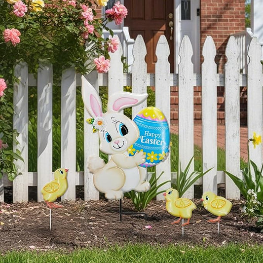 4PCS Spring Rabbit Metal Yard Decorations Stakes, Grandmas Garden Easter Holiday Yard Decoration Outdoor Stakes, Memorial Personalized Unique Garden Gifts Women for Grandma Statue