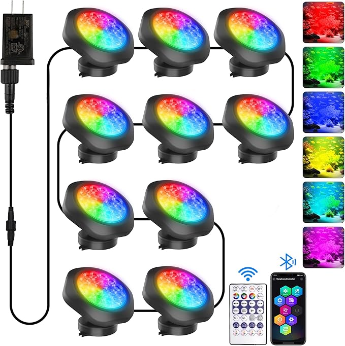 T-SUN Submersible RGB LED Pond Lights – IP68 Waterproof Fountain Lights with Smart App & Remote, 16 Million Colors Underwater Lighting for Koi Ponds/Garden Water Features Aquarium (10-Pack)