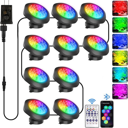 T-SUN Submersible RGB LED Pond Lights – IP68 Waterproof Fountain Lights with Smart App & Remote, 16 Million Colors Underwater Lighting for Koi Ponds/Garden Water Features Aquarium (10-Pack)