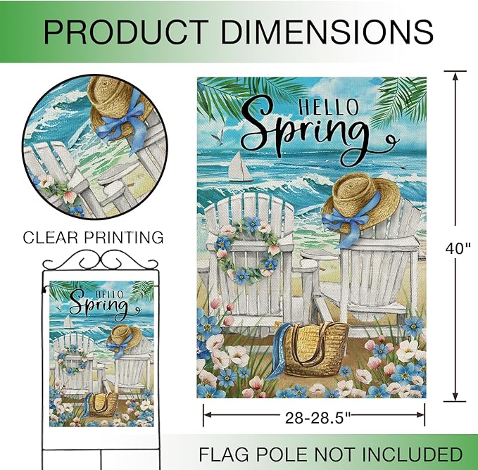 Hzppyz Hello Spring Chairs House Flag Double Sided, Forget Me Not Flower Coastal Beach Decorative Garden Yard Outdoor Large Decor, Nautical Sailboat Bag Hat Burlap Home Outside Decoration 28 x 40