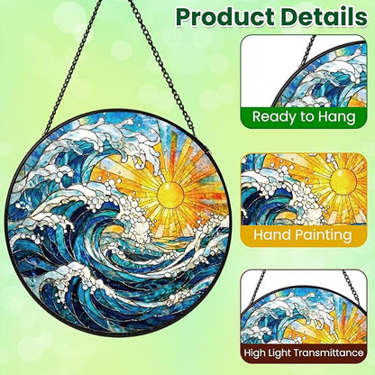 Stained Glass Window Hanging, Sun and Sea Waves Stained Glass Suncatcher, Window Decor Sea Wave Scenery Lover Gift for Women, Couples, Best Friend, Family, Colleague, Classmate 7.8 Inch