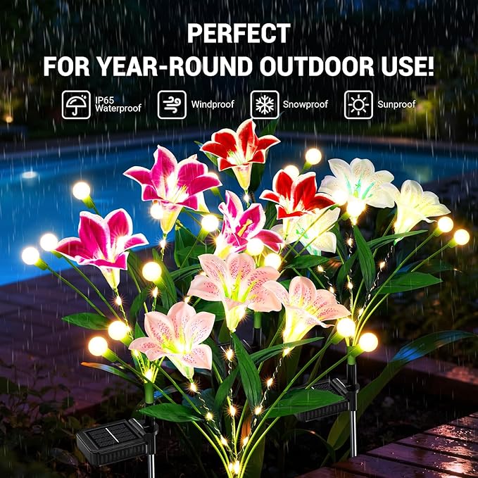 WdtPro Upgraded Solar Garden Lights Outdoor: 8 Pack 2-in-1 Solar Firefly Swaying Light with Lily Flower and Glowing Stem, Waterproof Garden Decor for Yard Patio Pathway Lawn, Gardening Gifts for Women