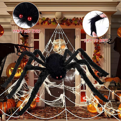 Spider Webs Halloween Decorations Outdoor - 200'' Triangular Spider Web + 49'' Giant Fake Spiders for Indoor Outdoor Halloween Decor Haunted House Décor Yard Home Garden Party