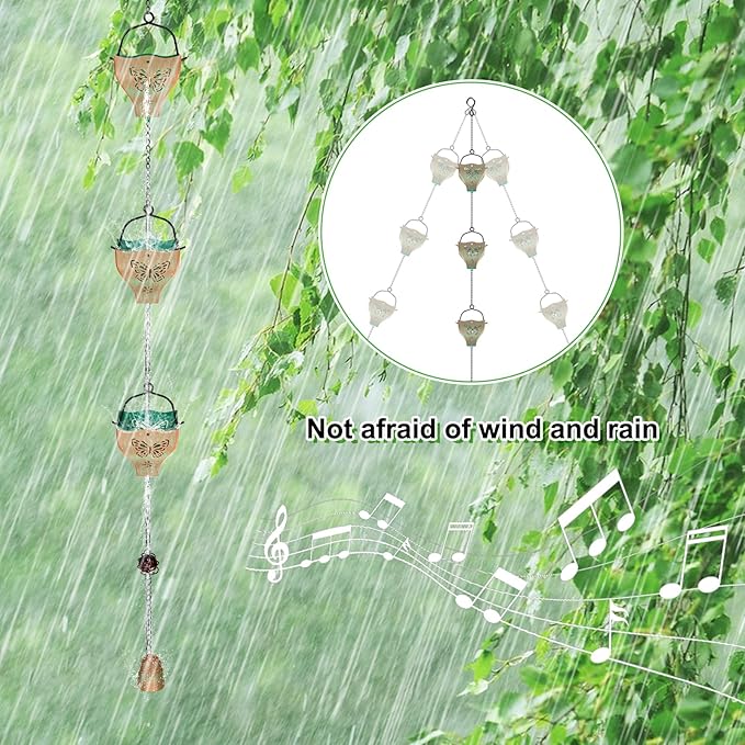 7.8ft Rain Chains for Outside, 8 Cups Copper Plated Lotus Rain Chain Cups, Adjustable Rain Catcher Chain with Bell for Eaves Drainage, Replacement for Downspout (Butterfly+Retro Green)